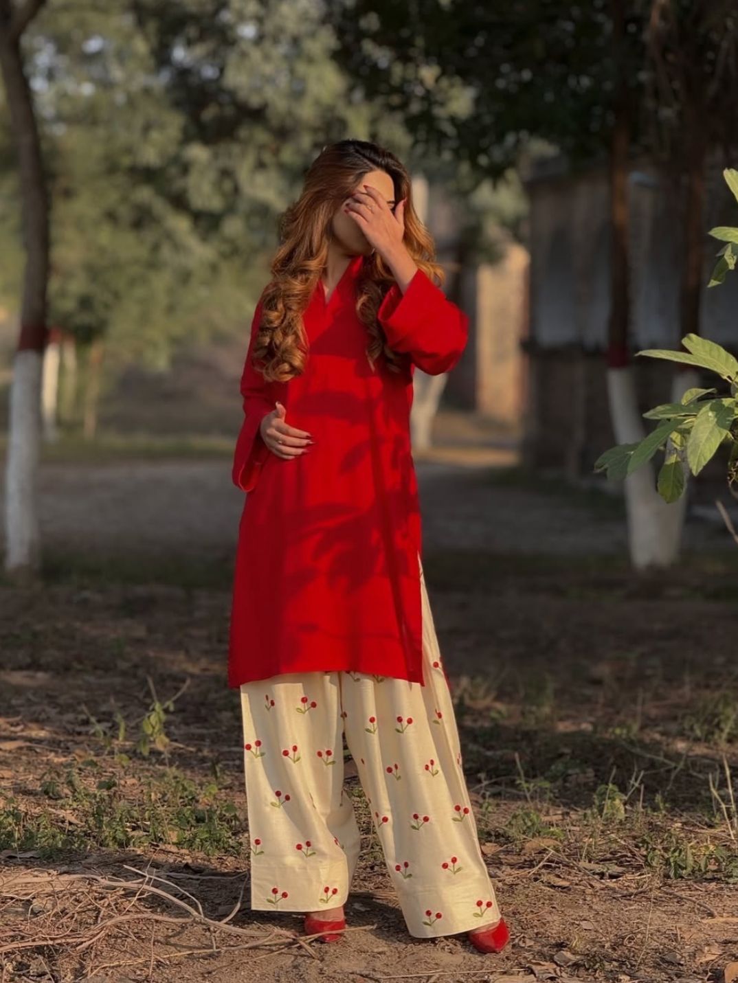 Cherry Printed Farshi Suit with V - Neck Shirt for Women - shop_nameHashaya